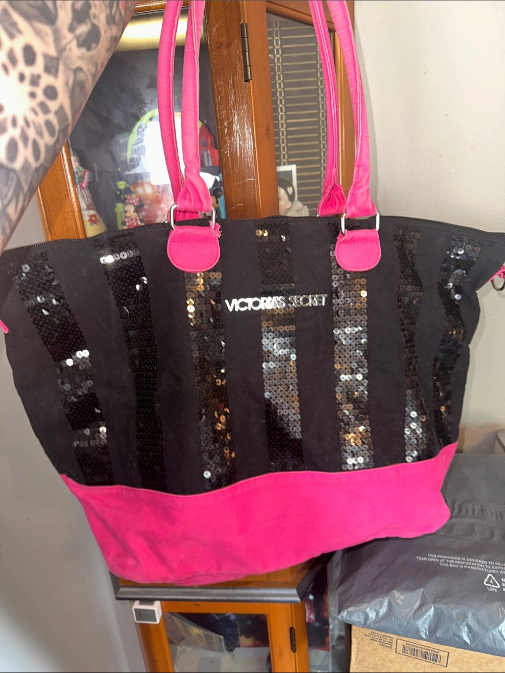 Victoria's Secret Black and Hot Pink Sequin Stripe Tote